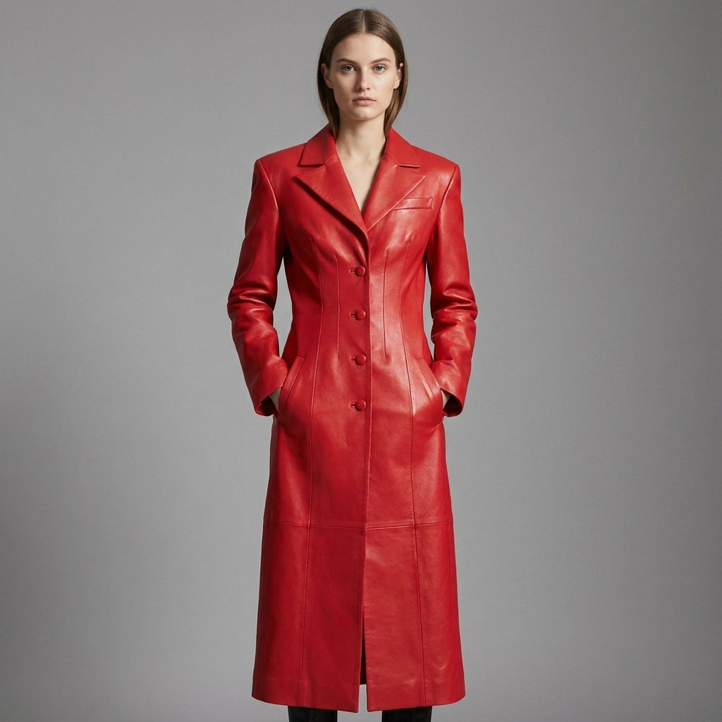 Women’s Crimson Steampunk Leather Button-Up Trench Coat