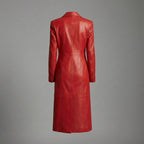 Women’s Crimson Steampunk Leather Button-Up Trench Coat