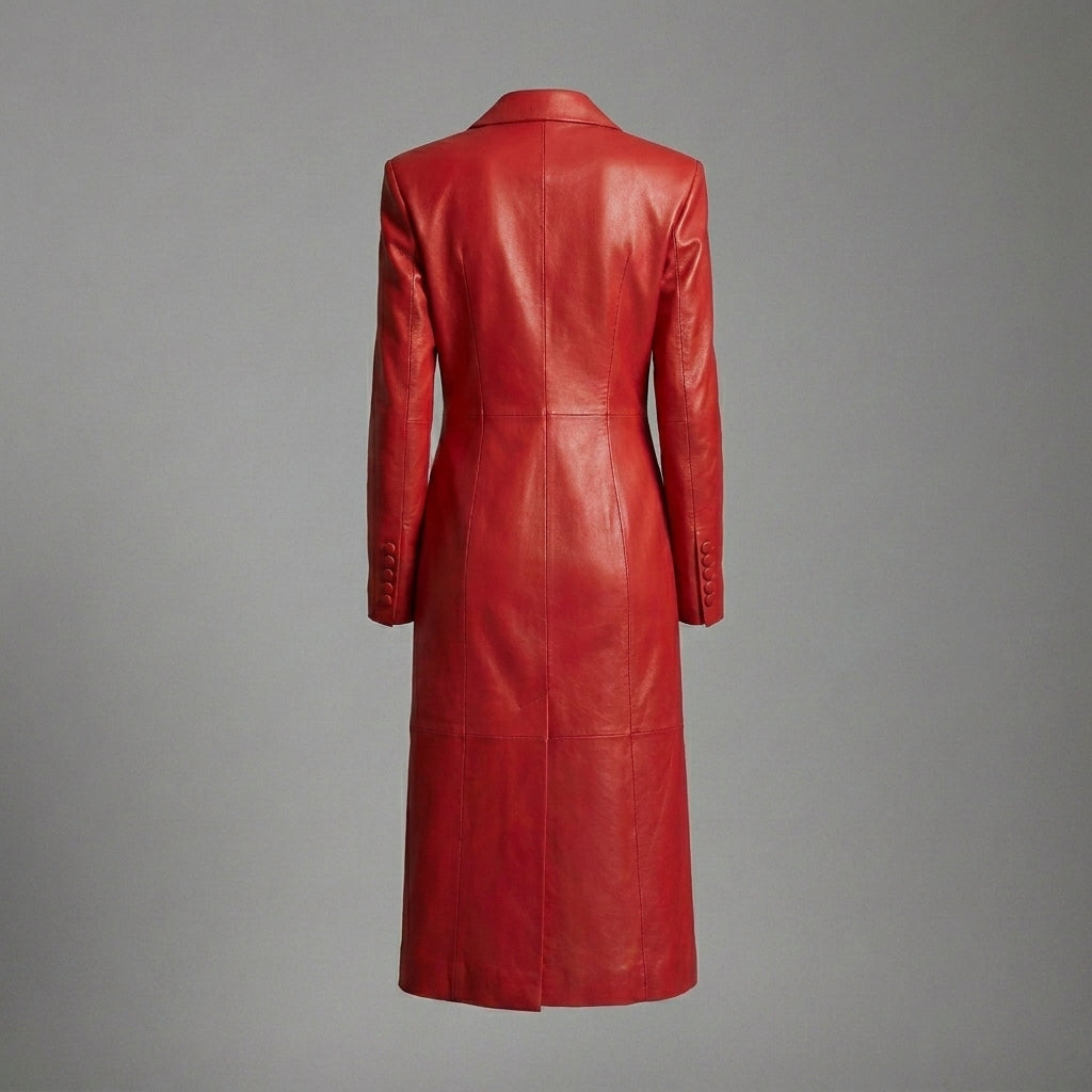 Women’s Crimson Steampunk Leather Button-Up Trench Coat