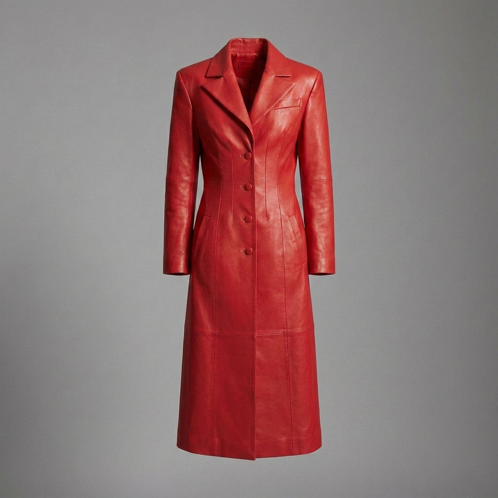 Women’s Crimson Steampunk Leather Button-Up Trench Coat