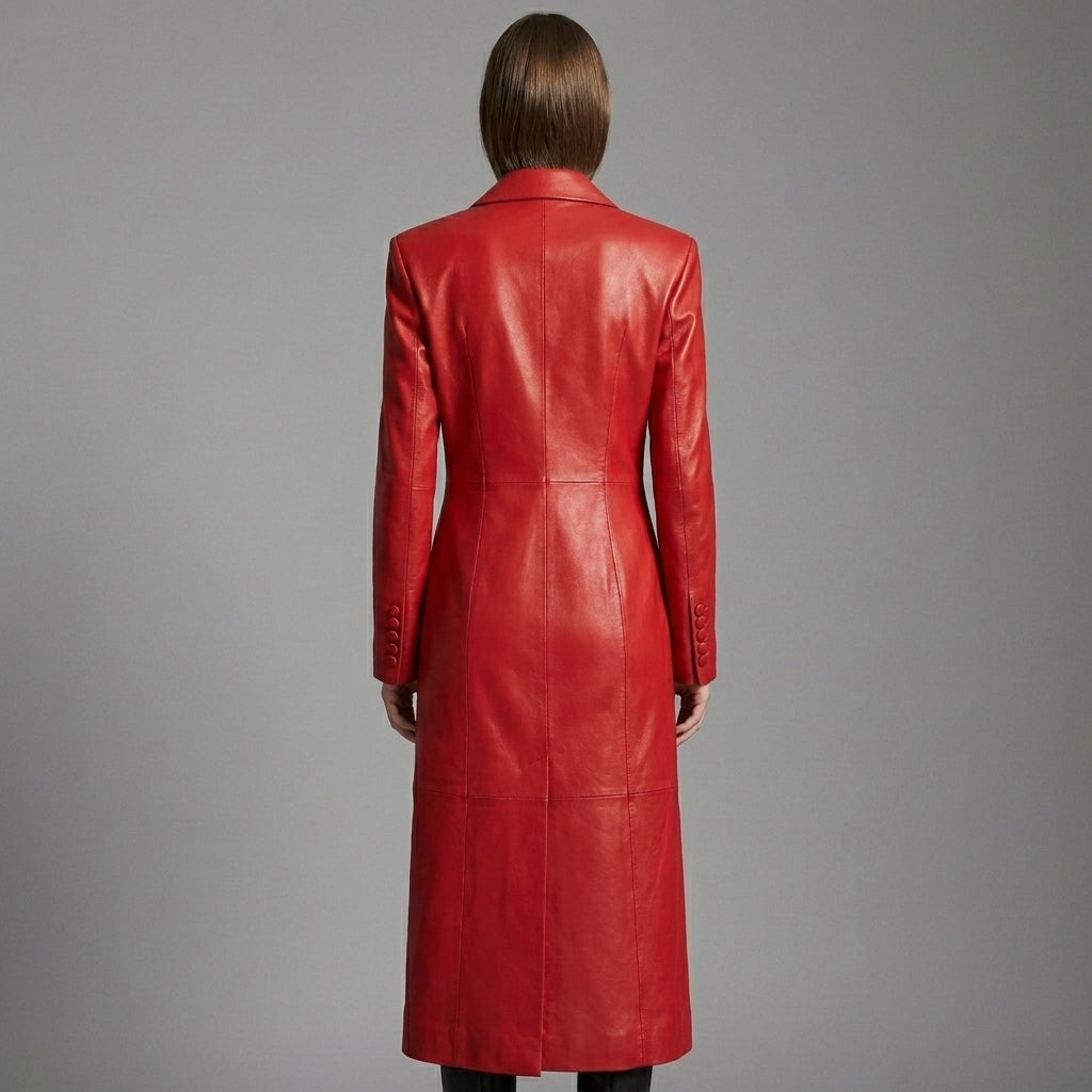 Women’s Crimson Steampunk Leather Button-Up Trench Coat