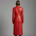 Women’s Crimson Steampunk Leather Button-Up Trench Coat