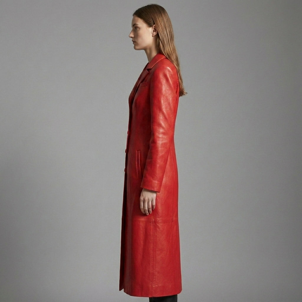 Women’s Crimson Steampunk Leather Button-Up Trench Coat