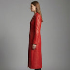 Women’s Crimson Steampunk Leather Button-Up Trench Coat