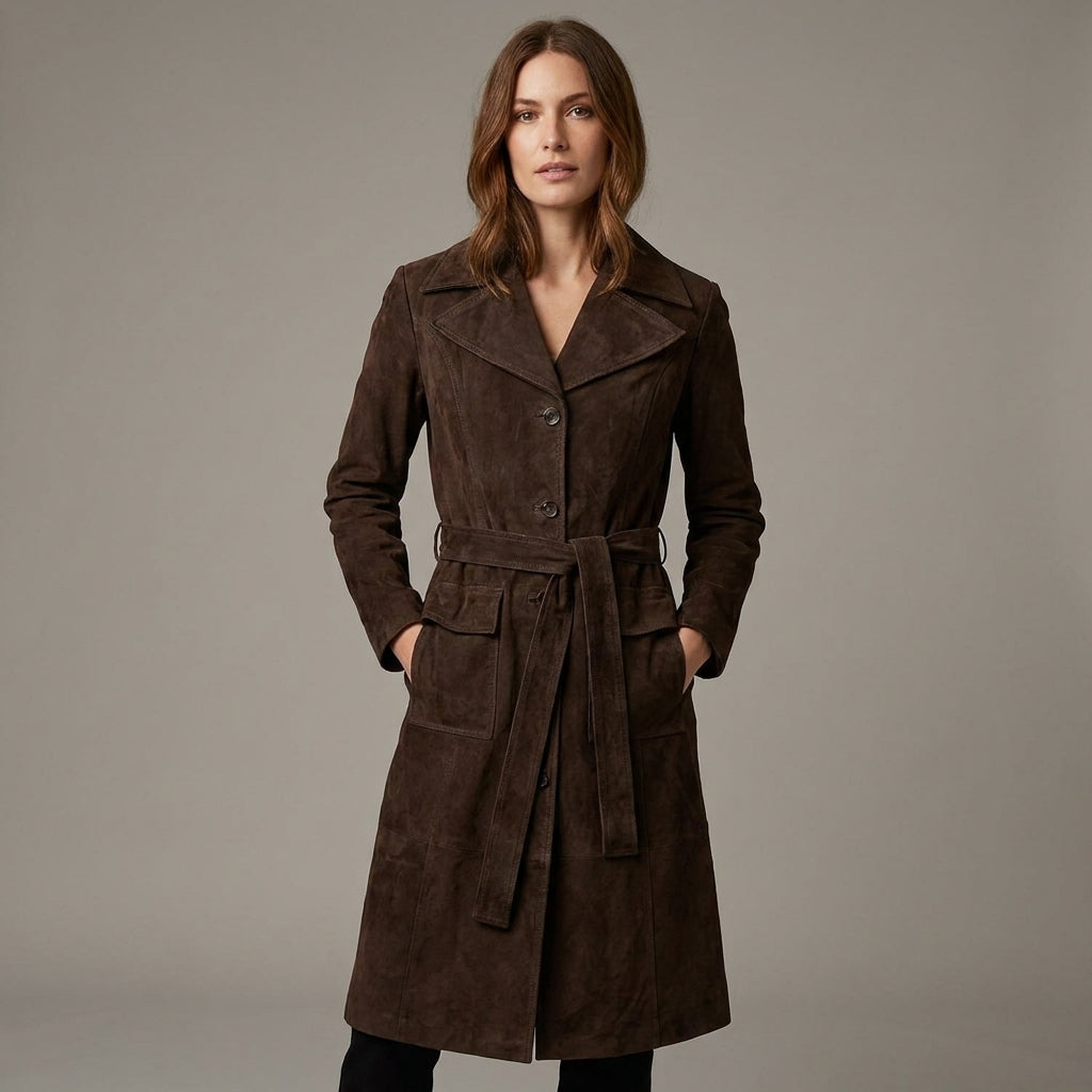 Women's Dark Brown RAF Aviator Suede Leather Trench Coat
