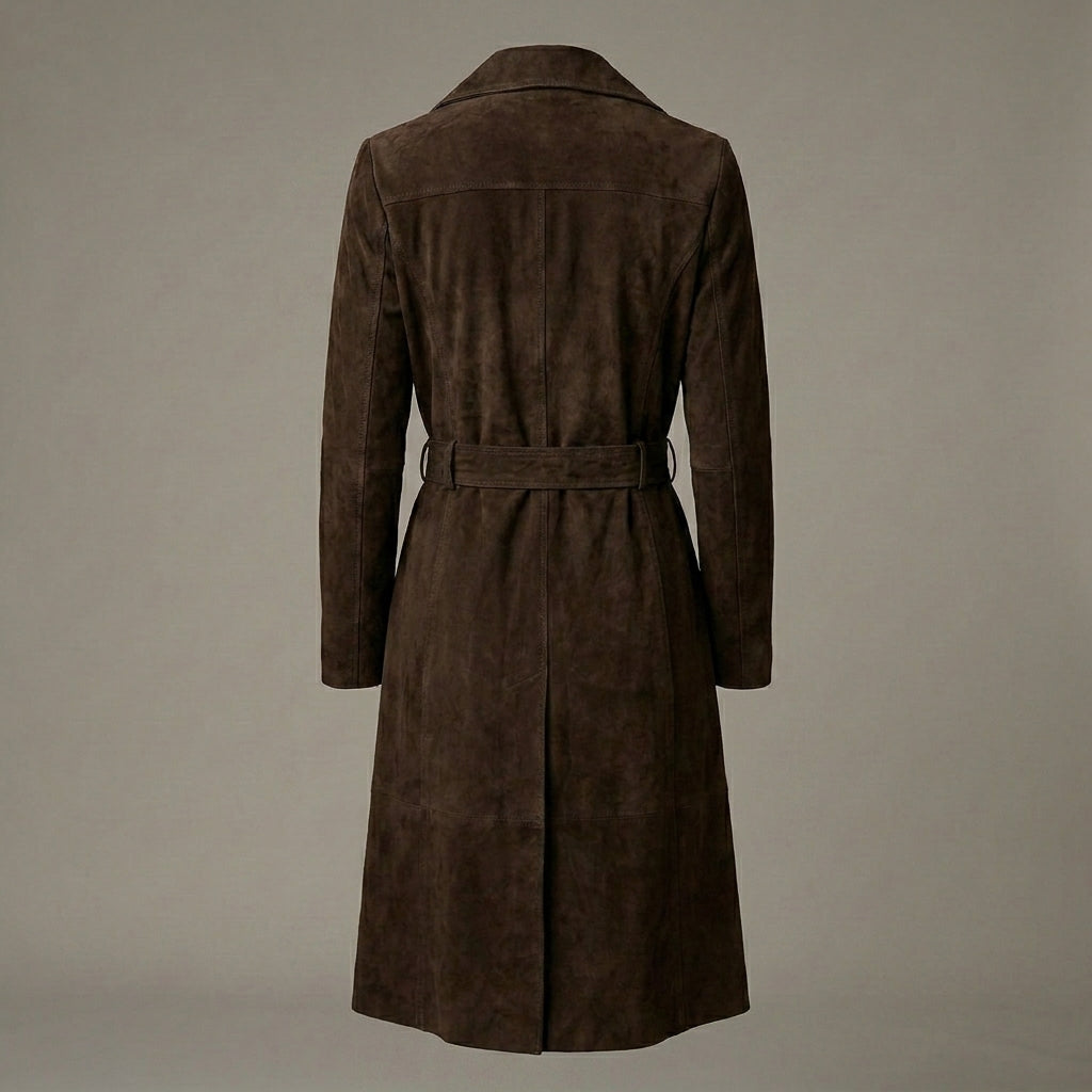 Women's Dark Brown RAF Aviator Suede Leather Trench Coat
