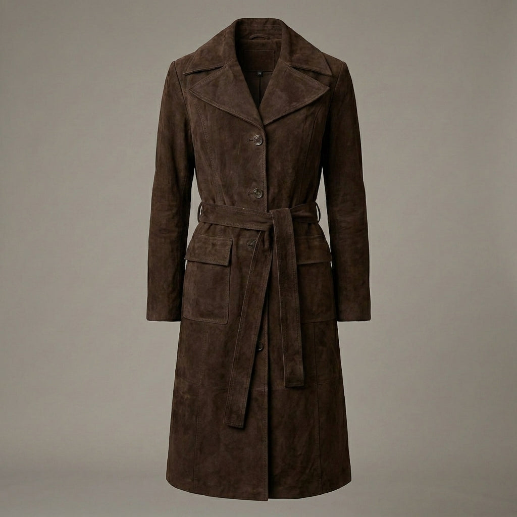 Women's Dark Brown RAF Aviator Suede Leather Trench Coat