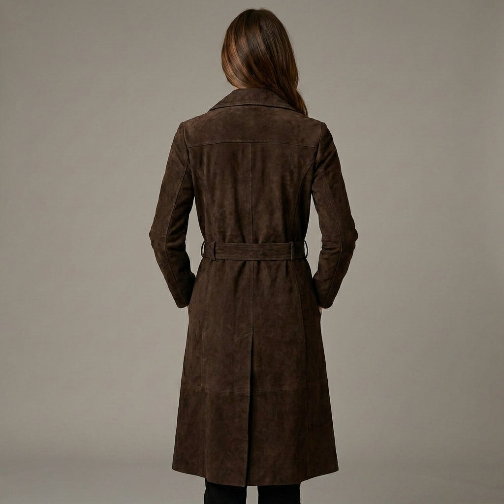 Women's Dark Brown RAF Aviator Suede Leather Trench Coat