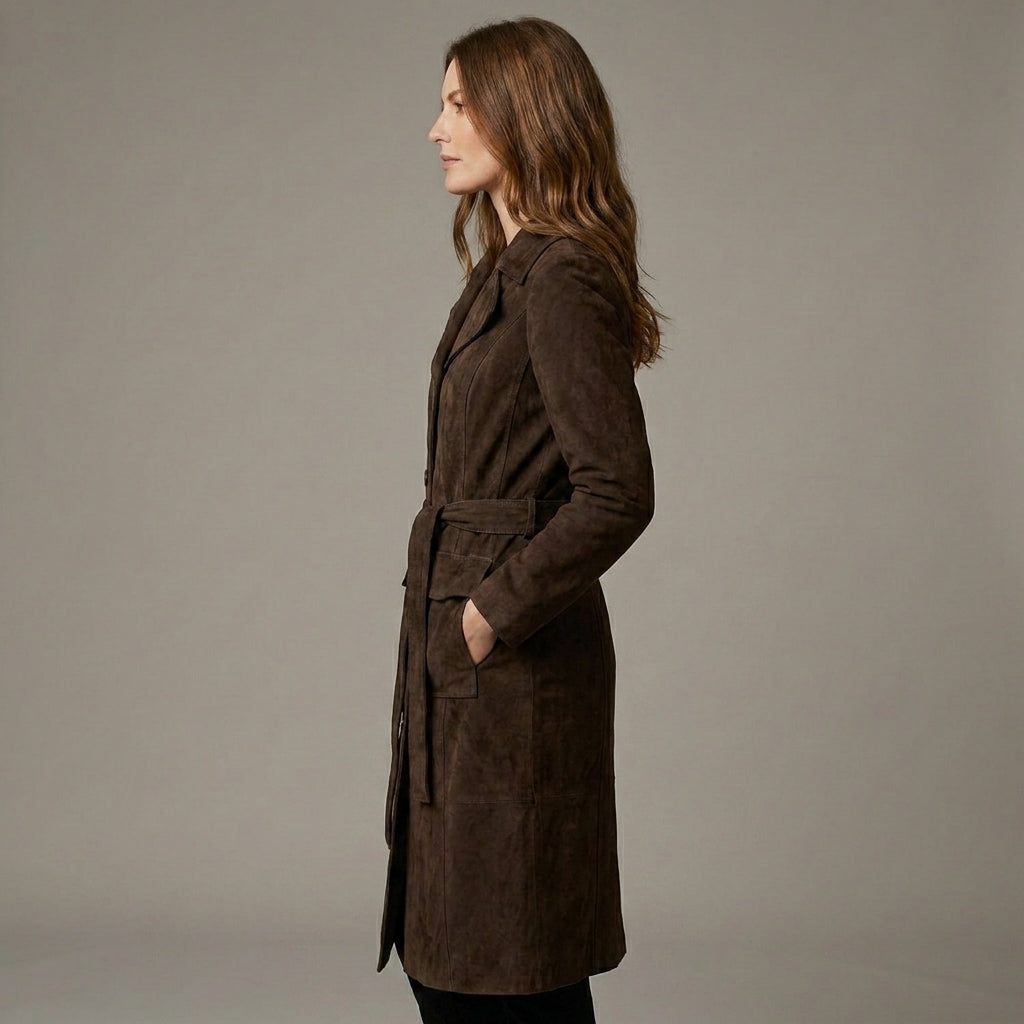 Women's Dark Brown RAF Aviator Suede Leather Trench Coat
