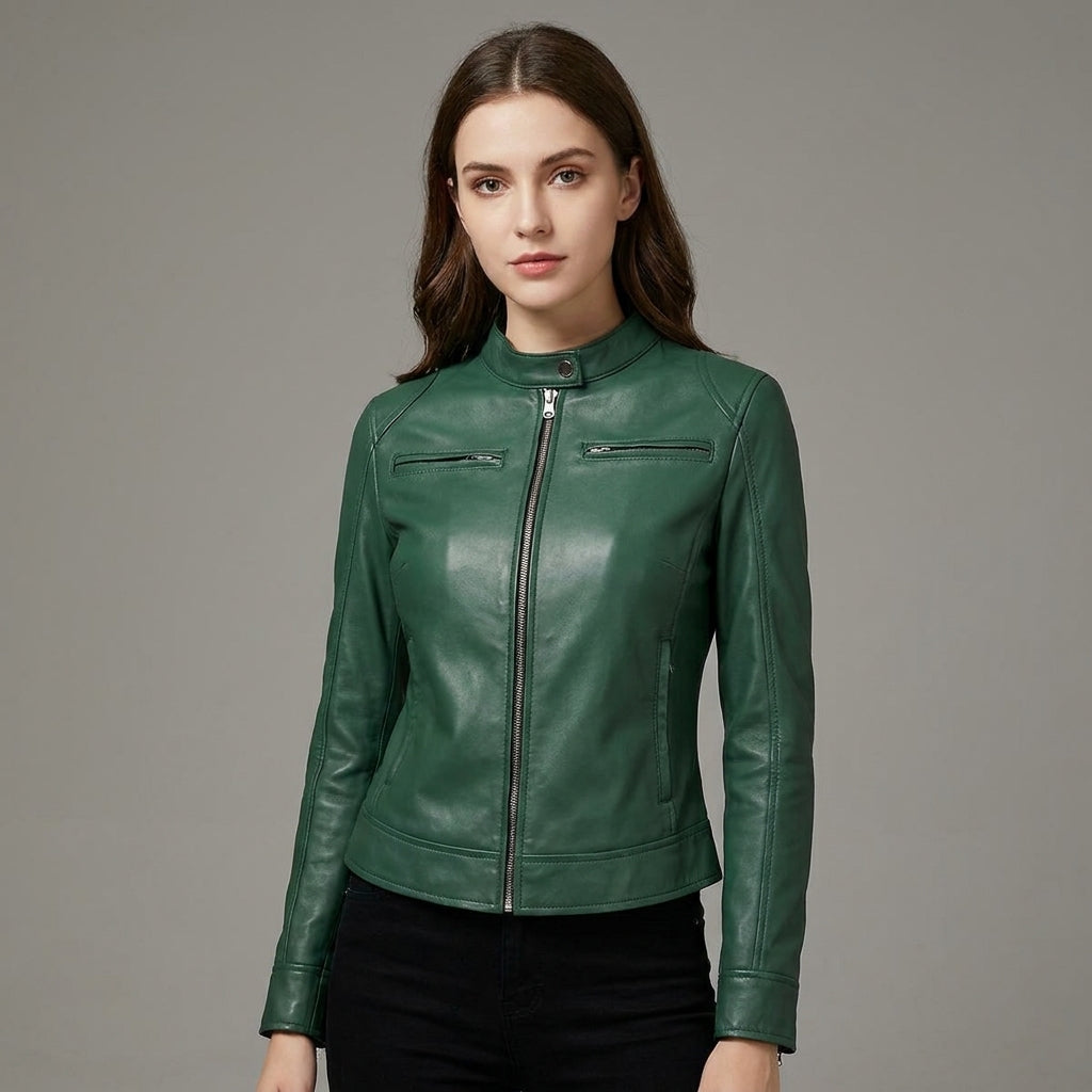 Women's Dark Green Lambskin Leather Cafe Racer Jacket