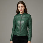 Women's Dark Green Lambskin Leather Cafe Racer Jacket