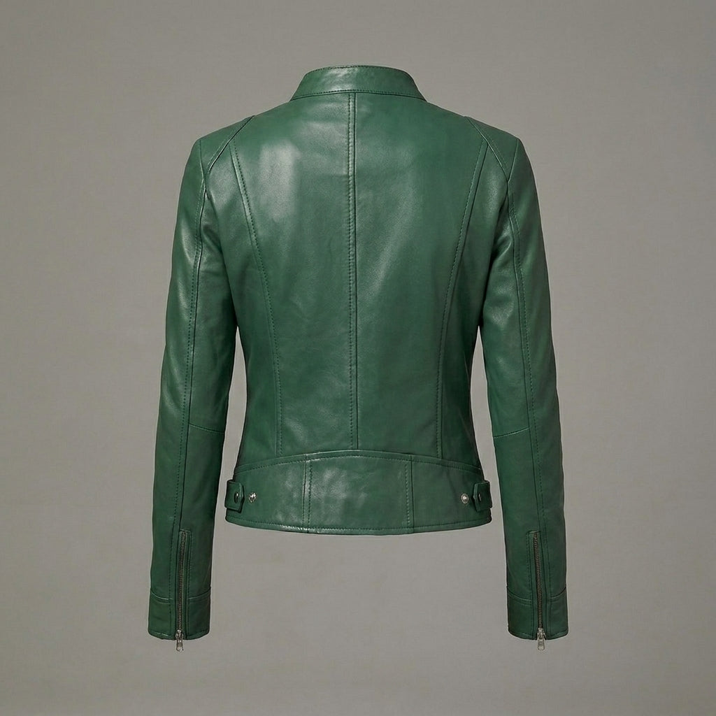 Women's Dark Green Lambskin Leather Cafe Racer Jacket