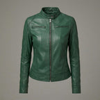 Women's Dark Green Lambskin Leather Cafe Racer Jacket