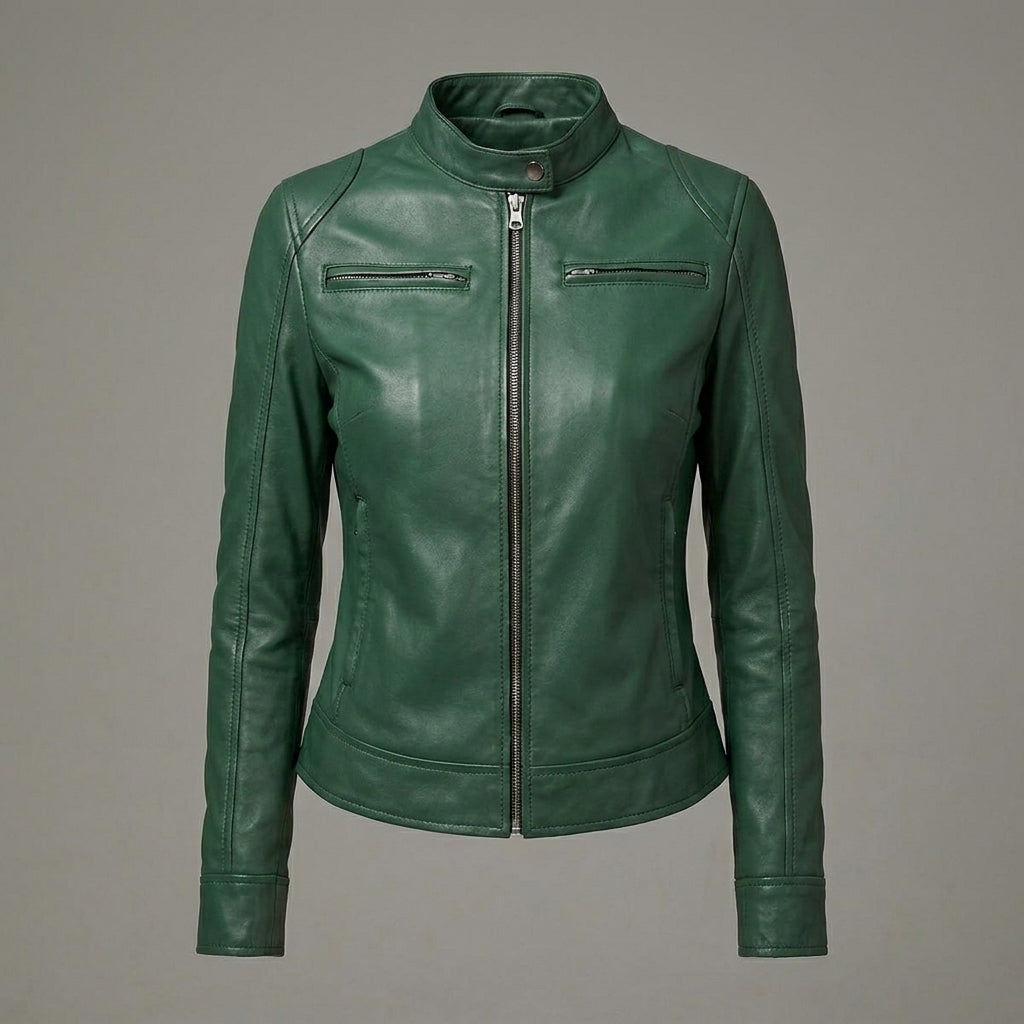 Women's Dark Green Lambskin Leather Cafe Racer Jacket