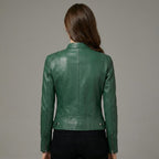 Women's Dark Green Lambskin Leather Cafe Racer Jacket