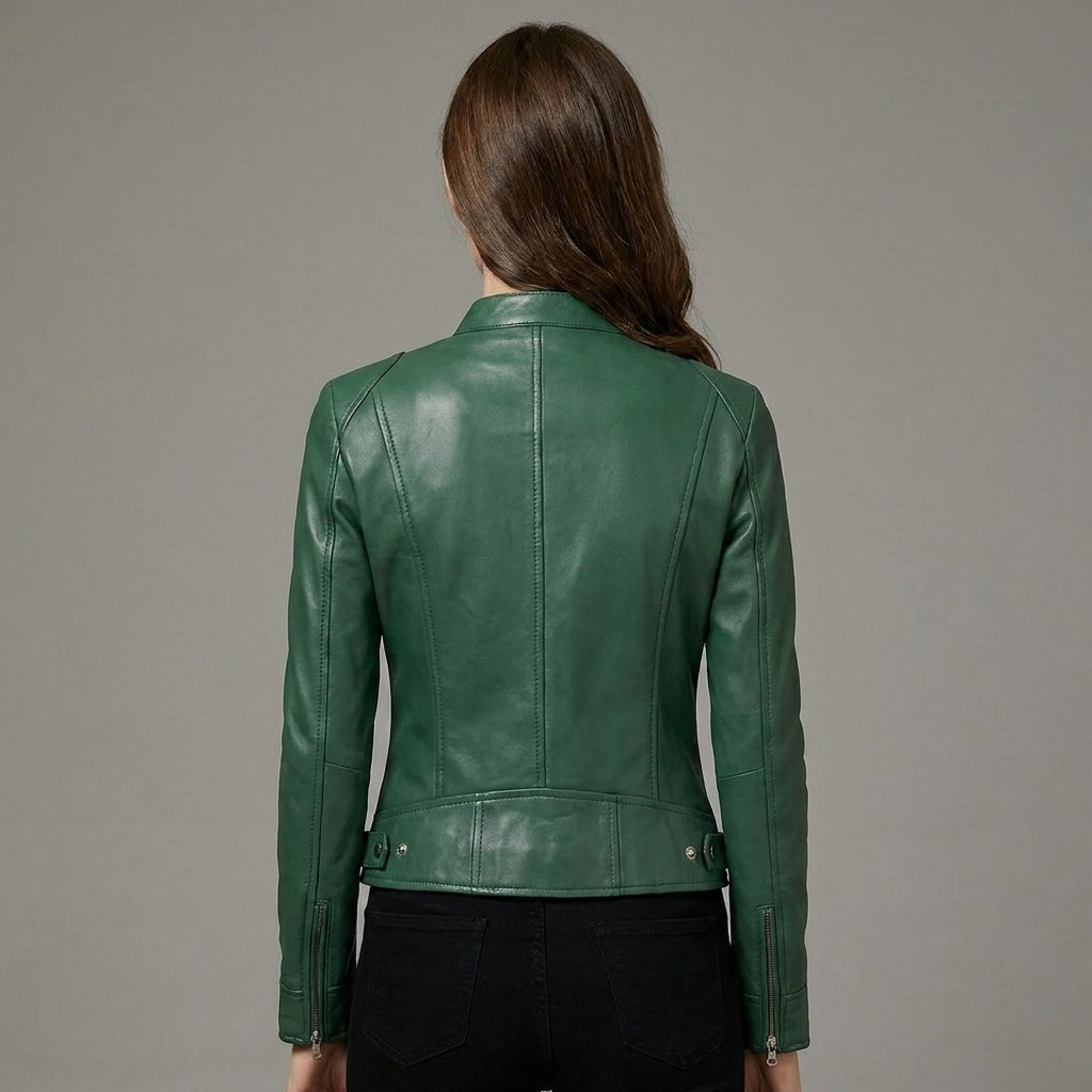 Women's Dark Green Lambskin Leather Cafe Racer Jacket