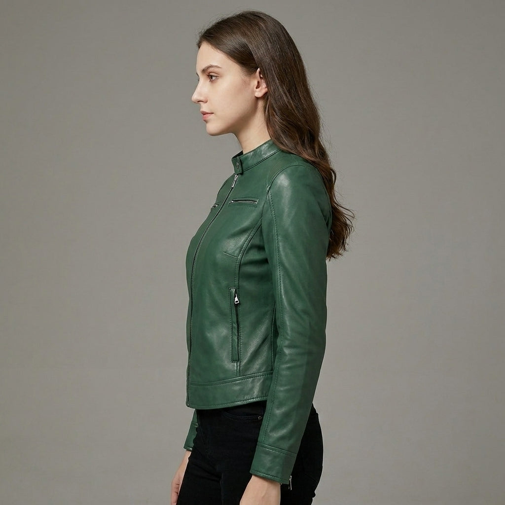 Women's Dark Green Lambskin Leather Cafe Racer Jacket