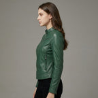 Women's Dark Green Lambskin Leather Cafe Racer Jacket