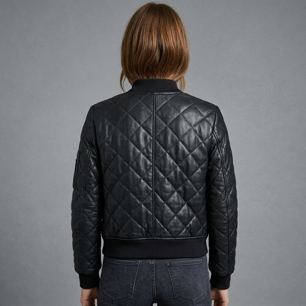 Women's Diamond Quilted Leather Bomber Jacket