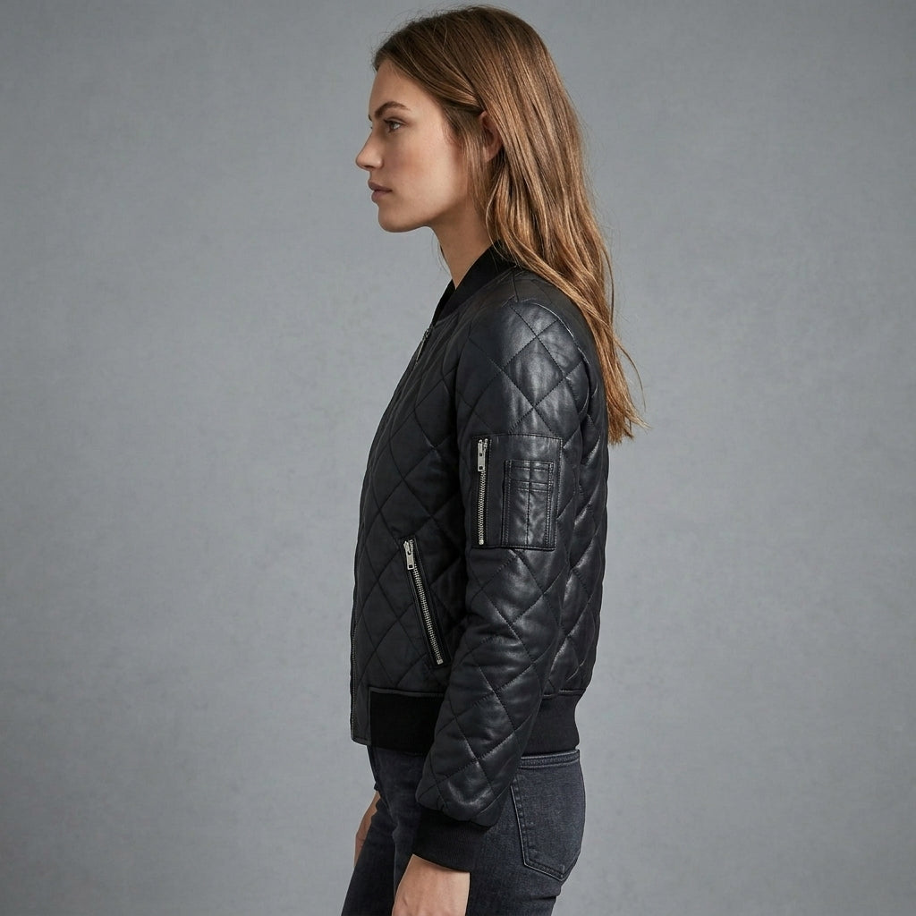 Women's Diamond Quilted Leather Bomber Jacket