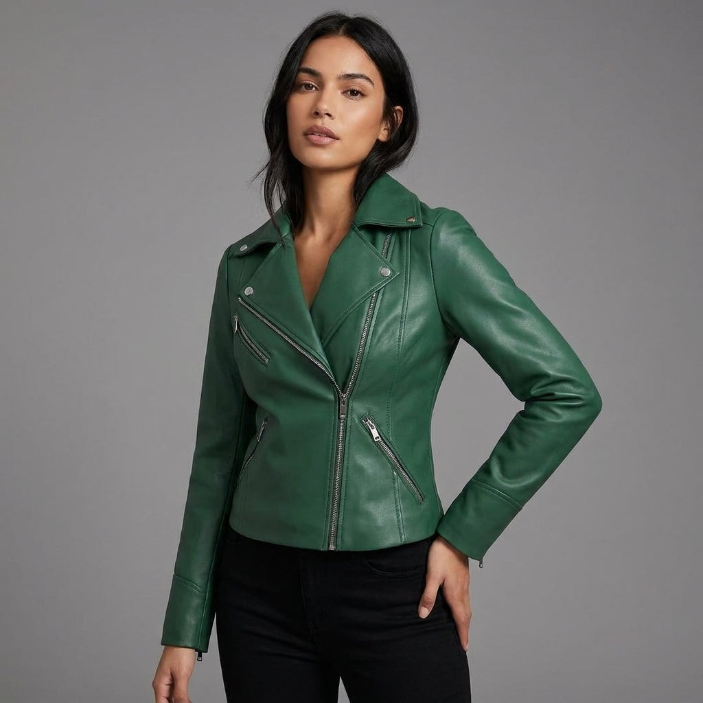 Women’s Emerald Green Lambskin Leather Biker Jacket
