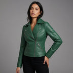 Women’s Emerald Green Lambskin Leather Biker Jacket