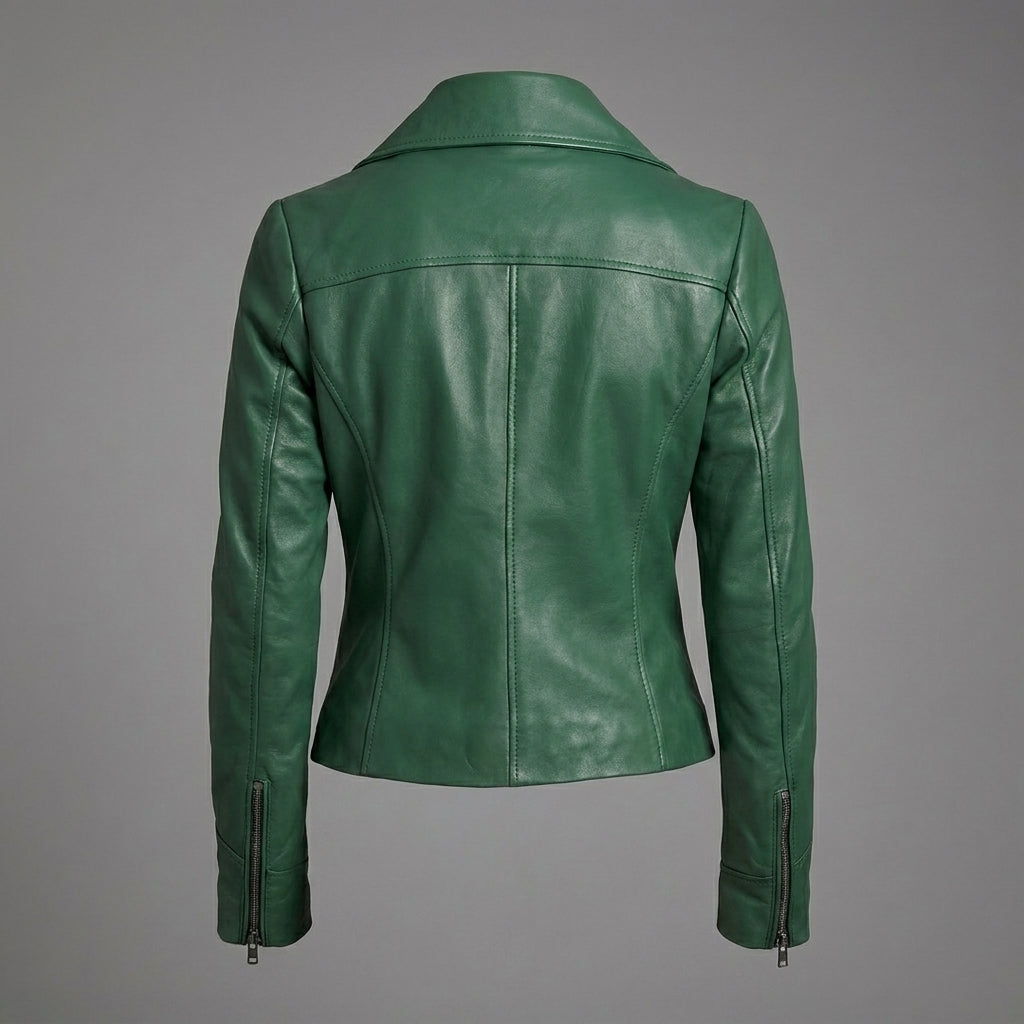 Women’s Emerald Green Lambskin Leather Biker Jacket