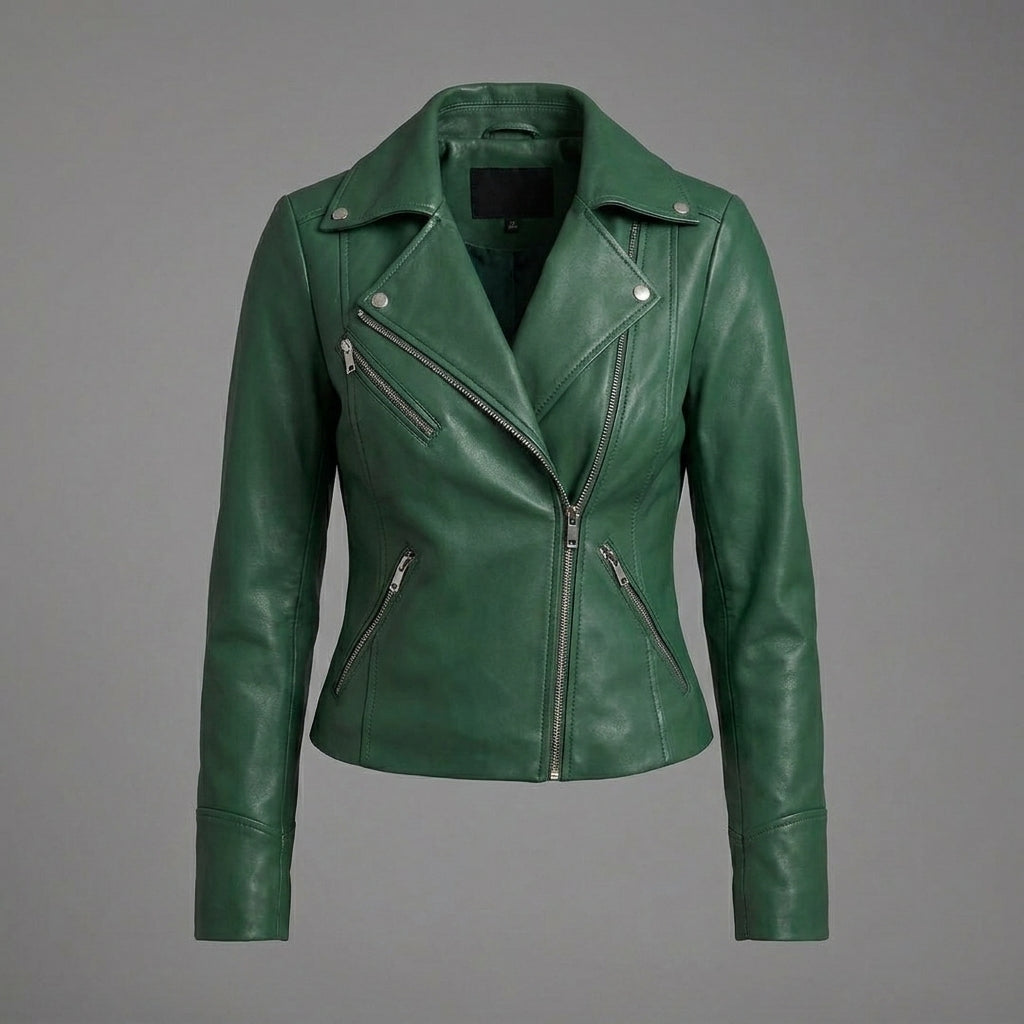 Women’s Emerald Green Lambskin Leather Biker Jacket