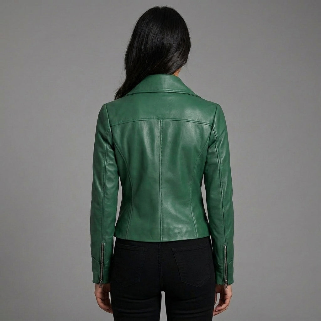 Women’s Emerald Green Lambskin Leather Biker Jacket