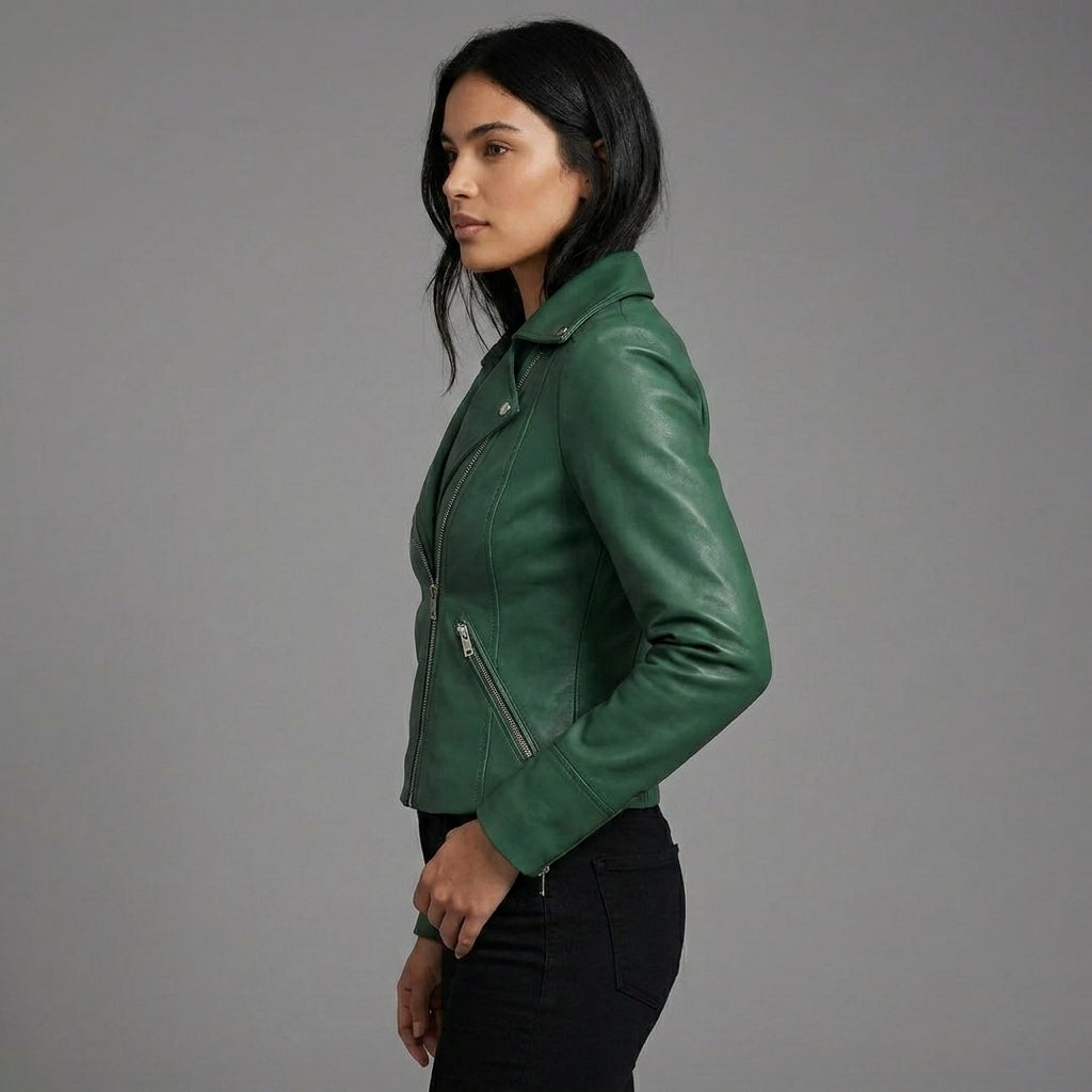 Women’s Emerald Green Lambskin Leather Biker Jacket