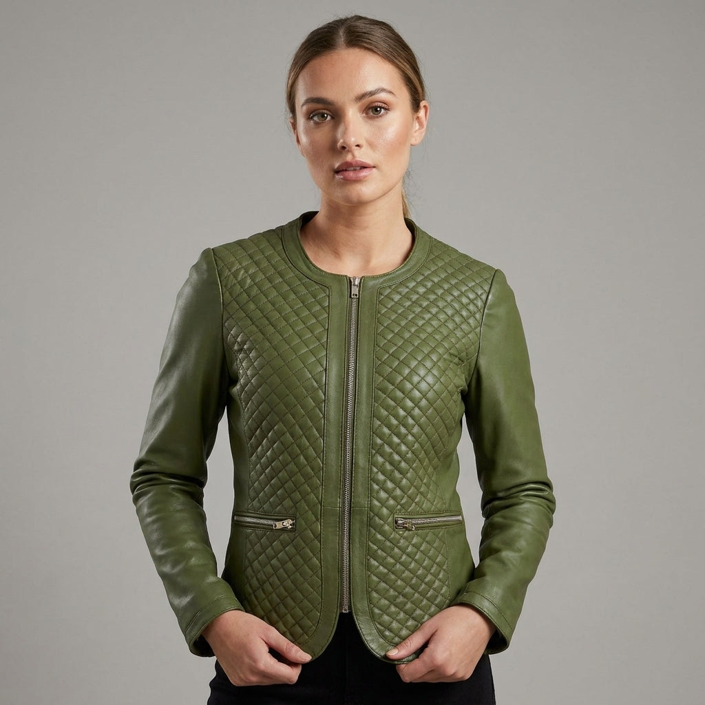 Women's Emerald Green Quilted Leather Biker Jacket