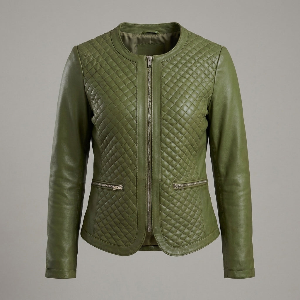 Women's Emerald Green Quilted Leather Biker Jacket