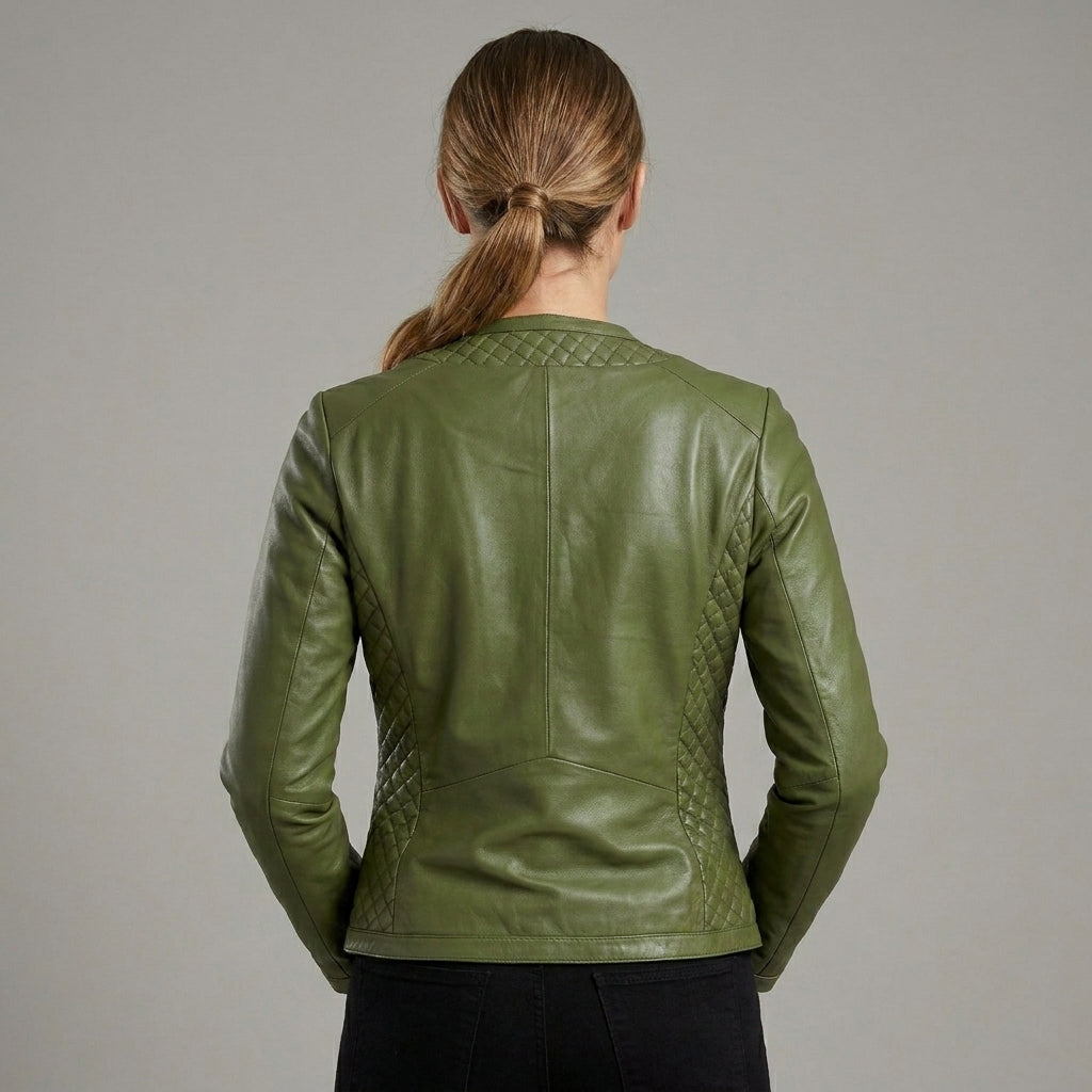 Women's Emerald Green Quilted Leather Biker Jacket