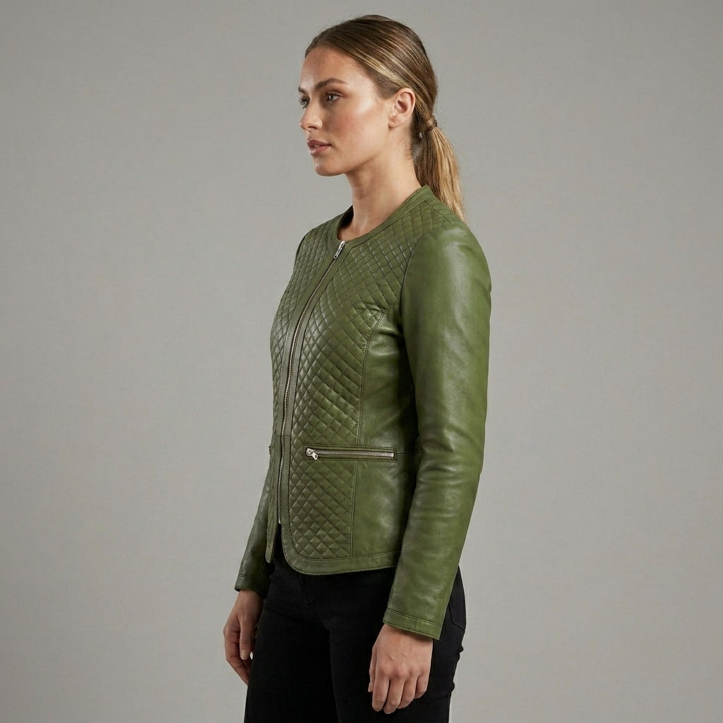 Women's Emerald Green Quilted Leather Biker Jacket