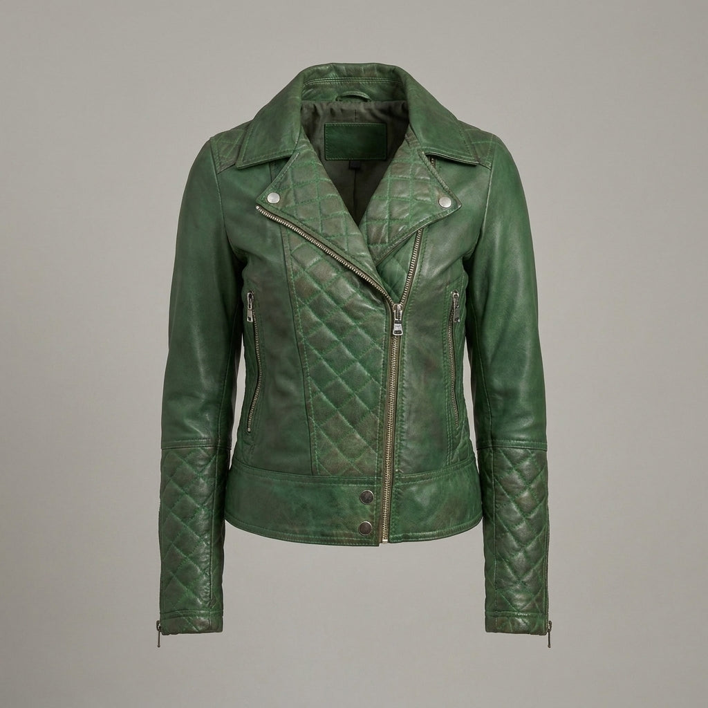 Women's Emerald Quilted Moto Leather Jacket