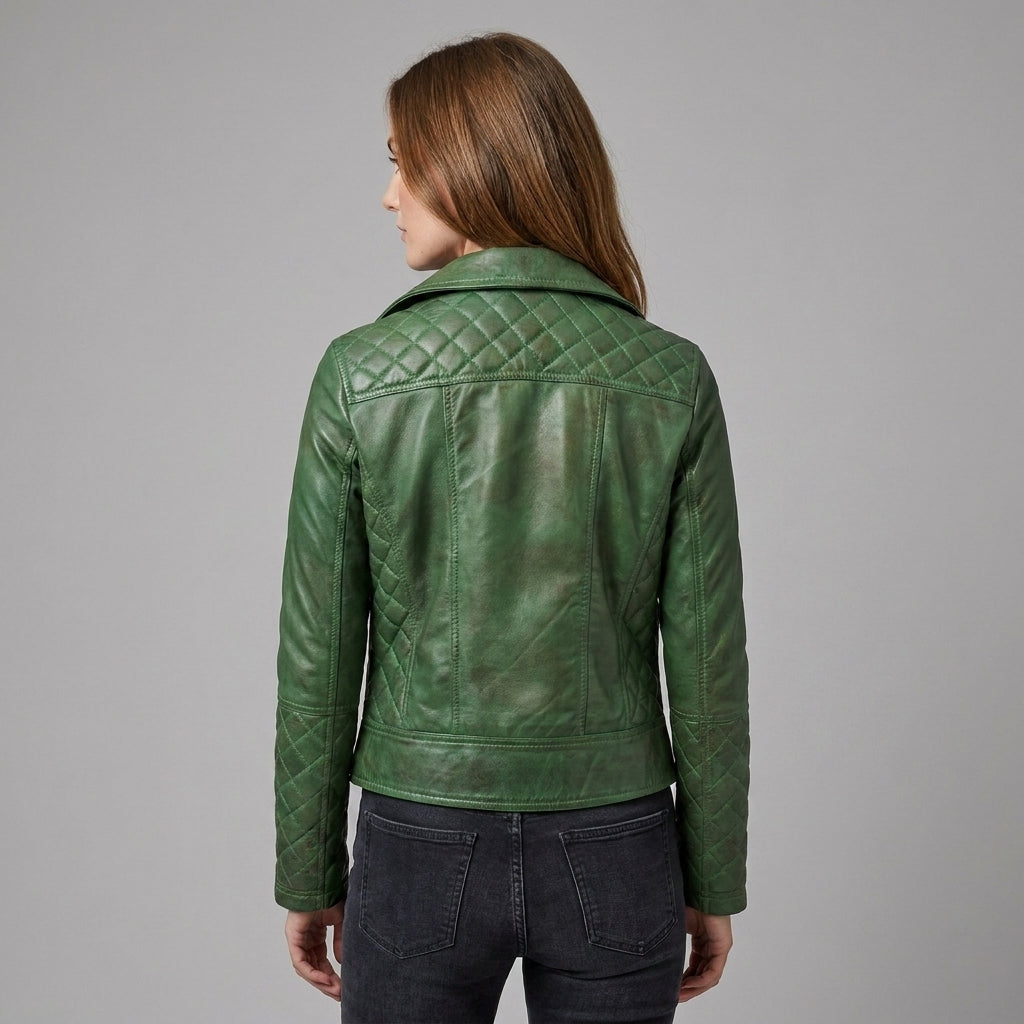 Women's Emerald Quilted Moto Leather Jacket