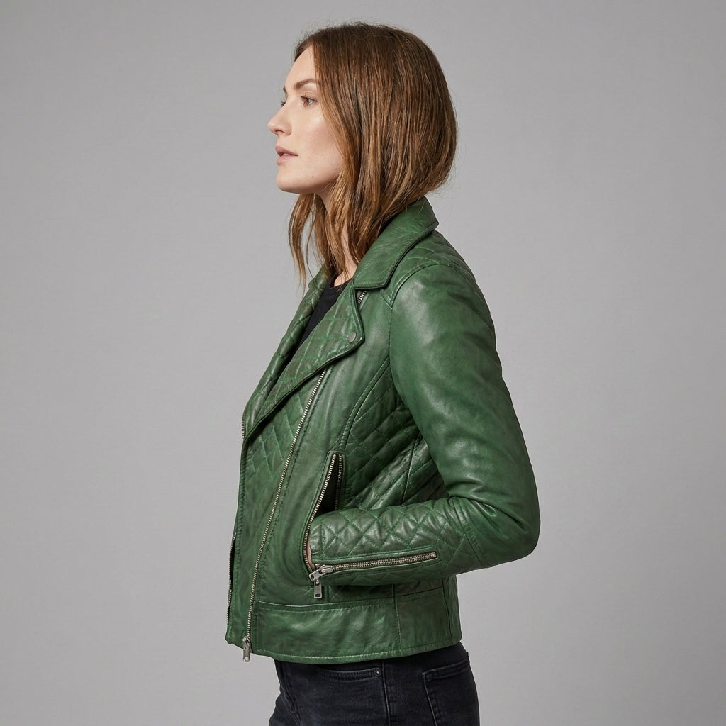 Women's Emerald Quilted Moto Leather Jacket