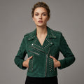 Women’s Emerald Studded Moto Leather Jacket
