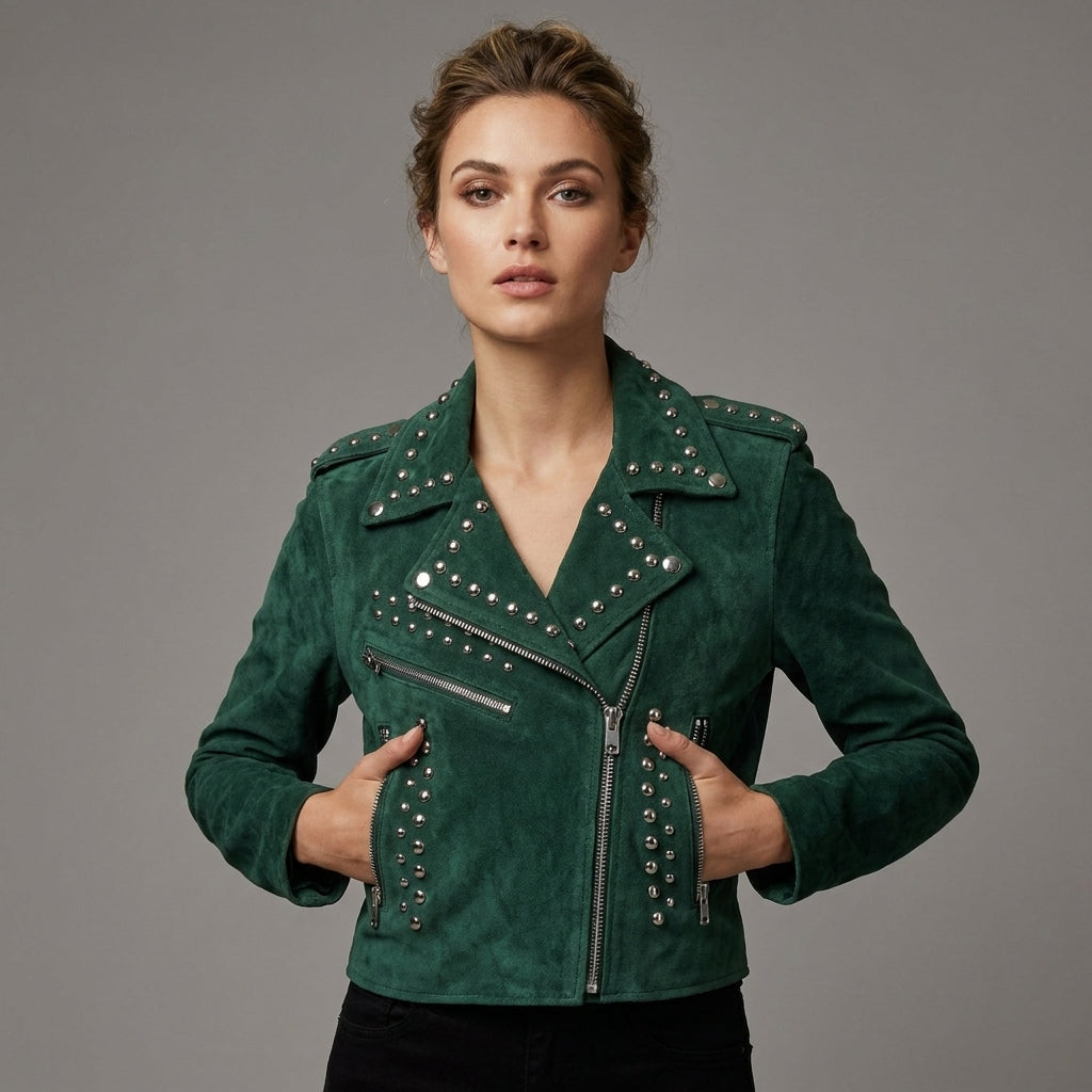 Women’s Emerald Studded Moto Leather Jacket
