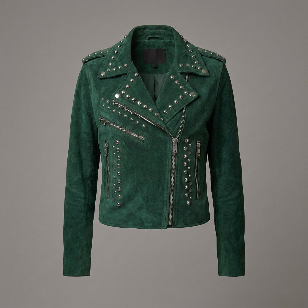Women’s Emerald Studded Moto Leather Jacket