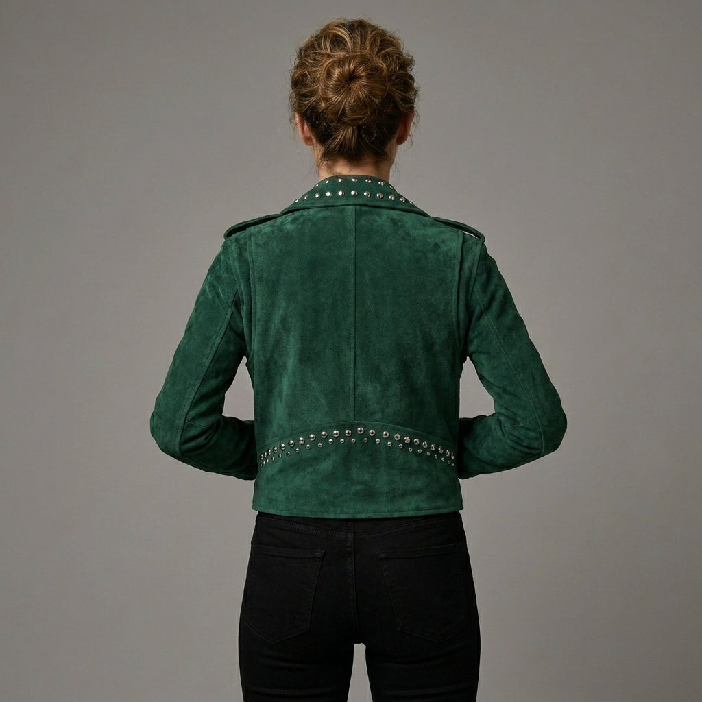 Women’s Emerald Studded Moto Leather Jacket