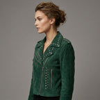 Women’s Emerald Studded Moto Leather Jacket