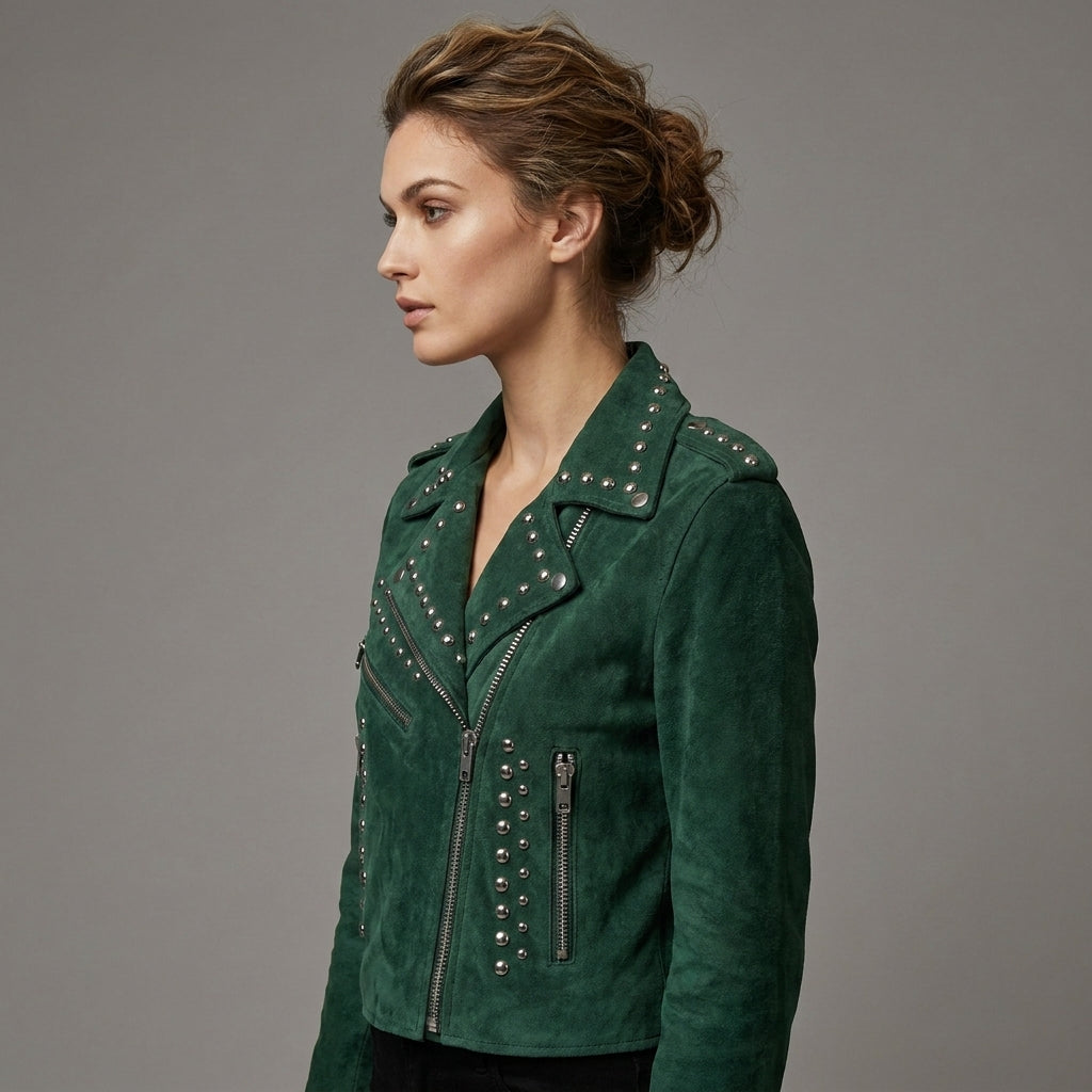 Women’s Emerald Studded Moto Leather Jacket