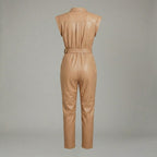Women’s Faux Leather Belted Jumpsuit