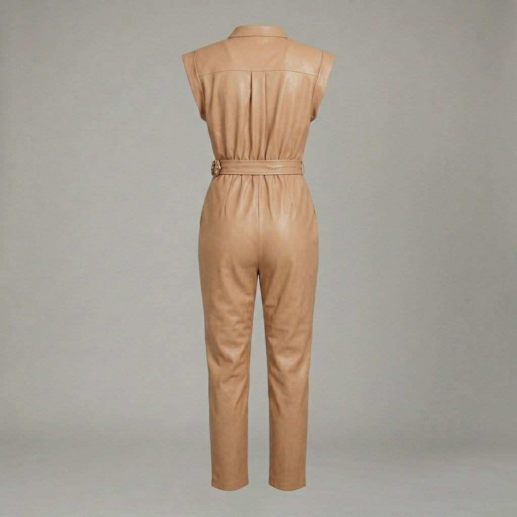 Women’s Faux Leather Belted Jumpsuit
