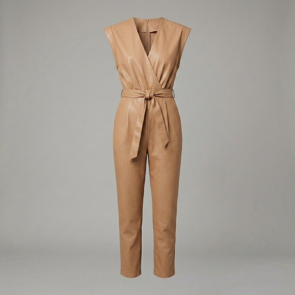 Women’s Faux Leather Belted Jumpsuit