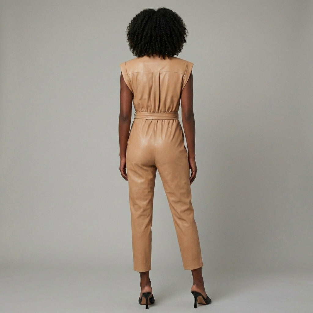 Women’s Faux Leather Belted Jumpsuit