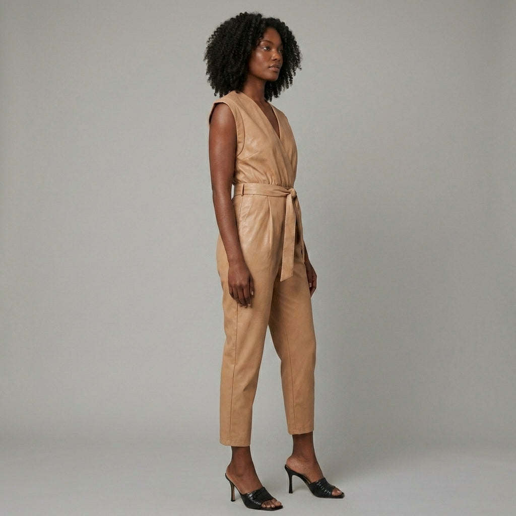 Women’s Faux Leather Belted Jumpsuit