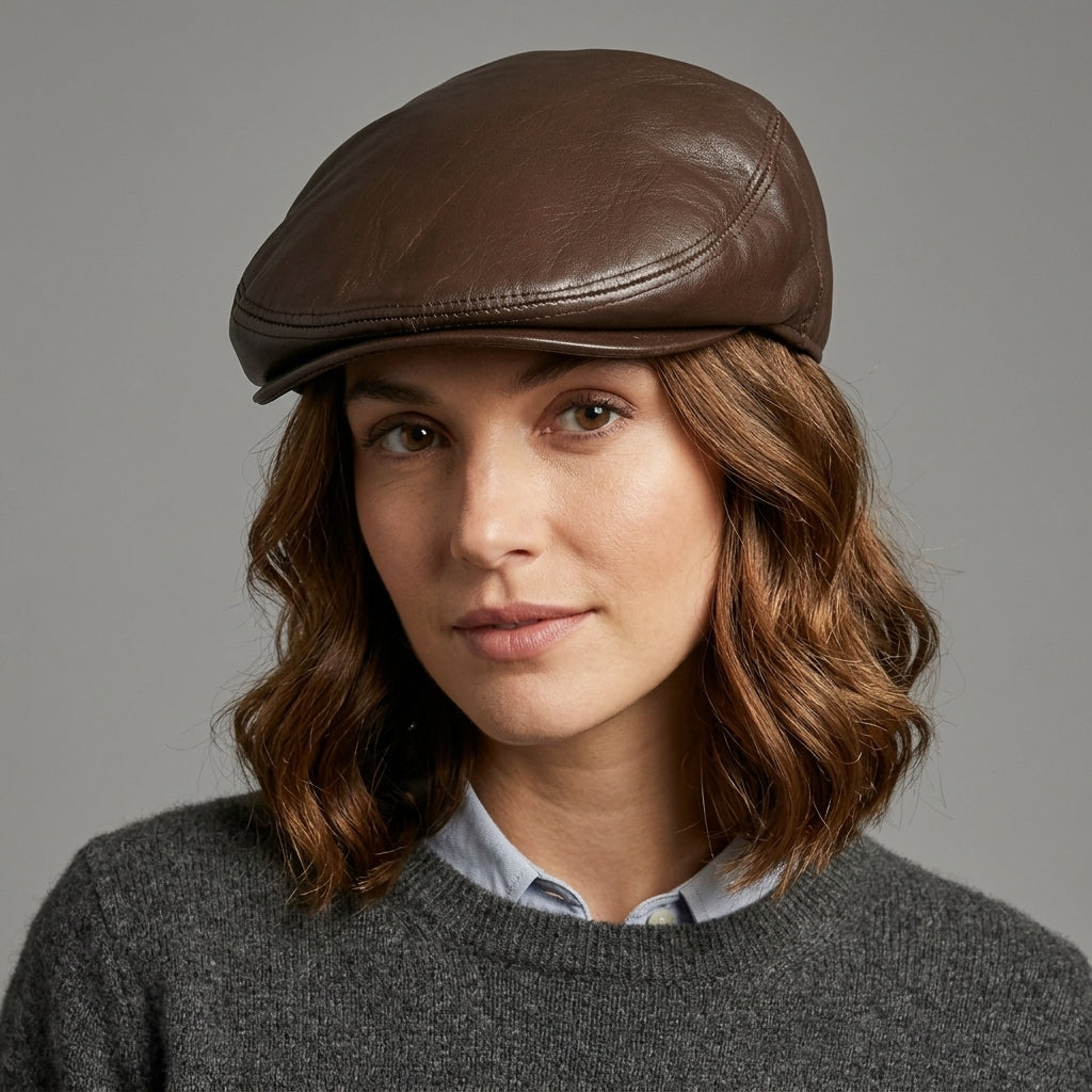 Women’s Genuine Leather Flat Cap Polished Brown Soft Polyester Lining