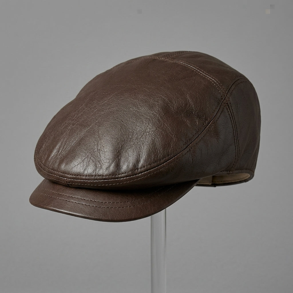 Women’s Genuine Leather Flat Cap Polished Brown Soft Polyester Lining